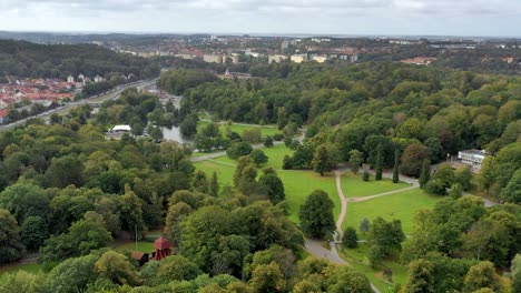 Aerial-View-of-Green-Trees-in-Park-in-Gothenburg,-Sweden