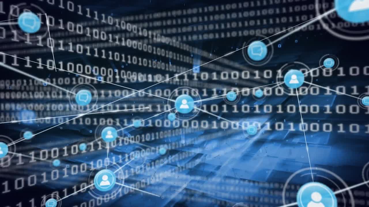 Animation of network of connection with icons blue and black background with binary code