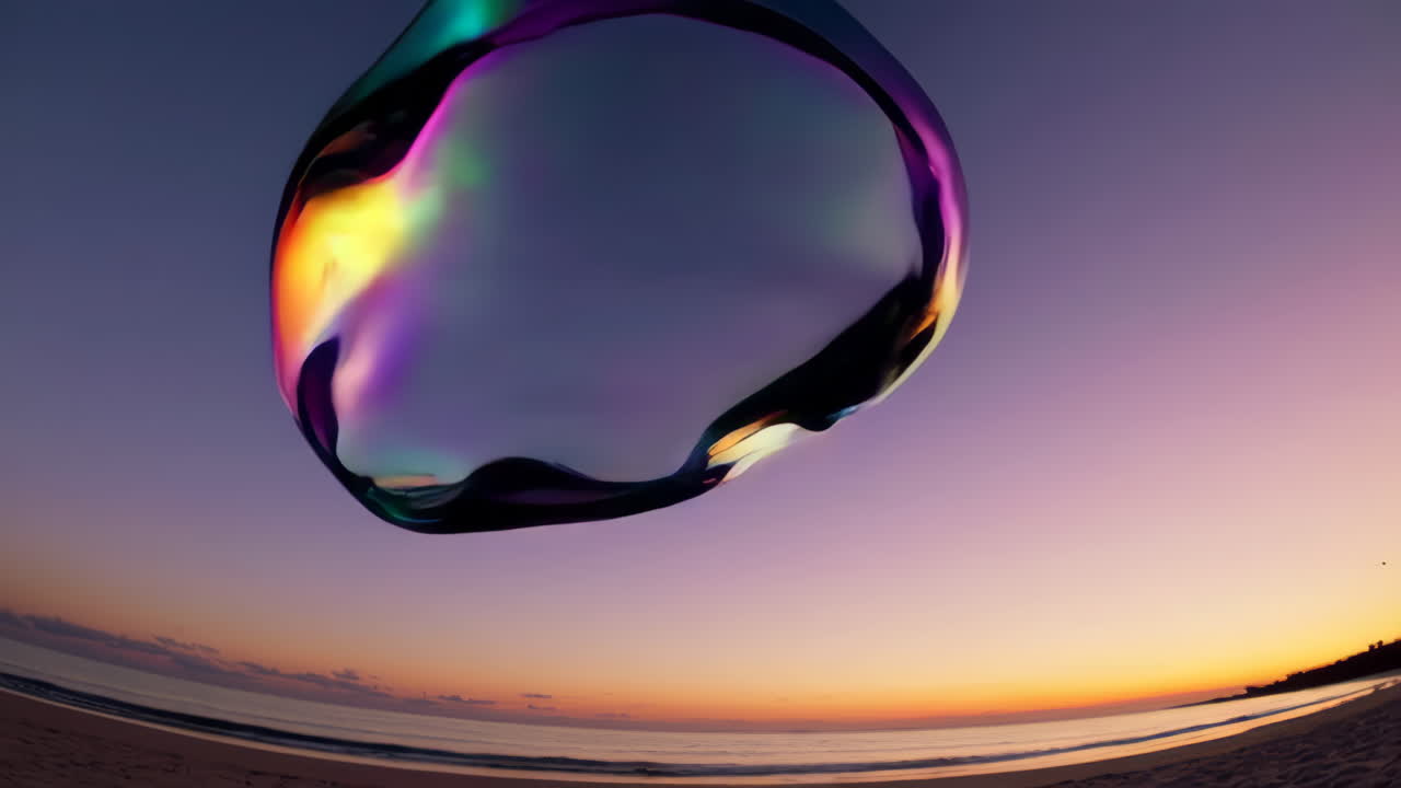 Iridescent Bubble Reflected Over a Sunset Beach