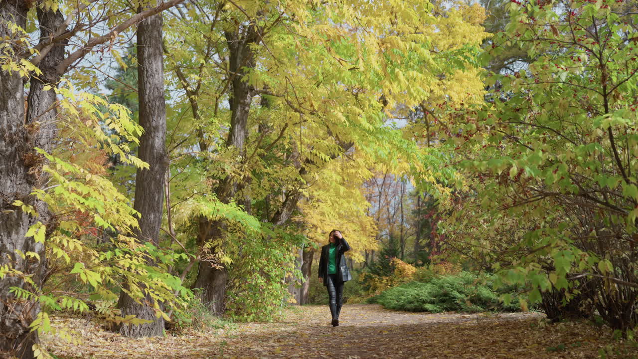 Mulher caminhando em uma trilha na floresta de outono com jaqueta de couro e mochila verde, cercada por folhas douradas e altas bétulas e pinheiros, chão coberto de folhas, céu nublado, passo contemplativo, rocker sutil