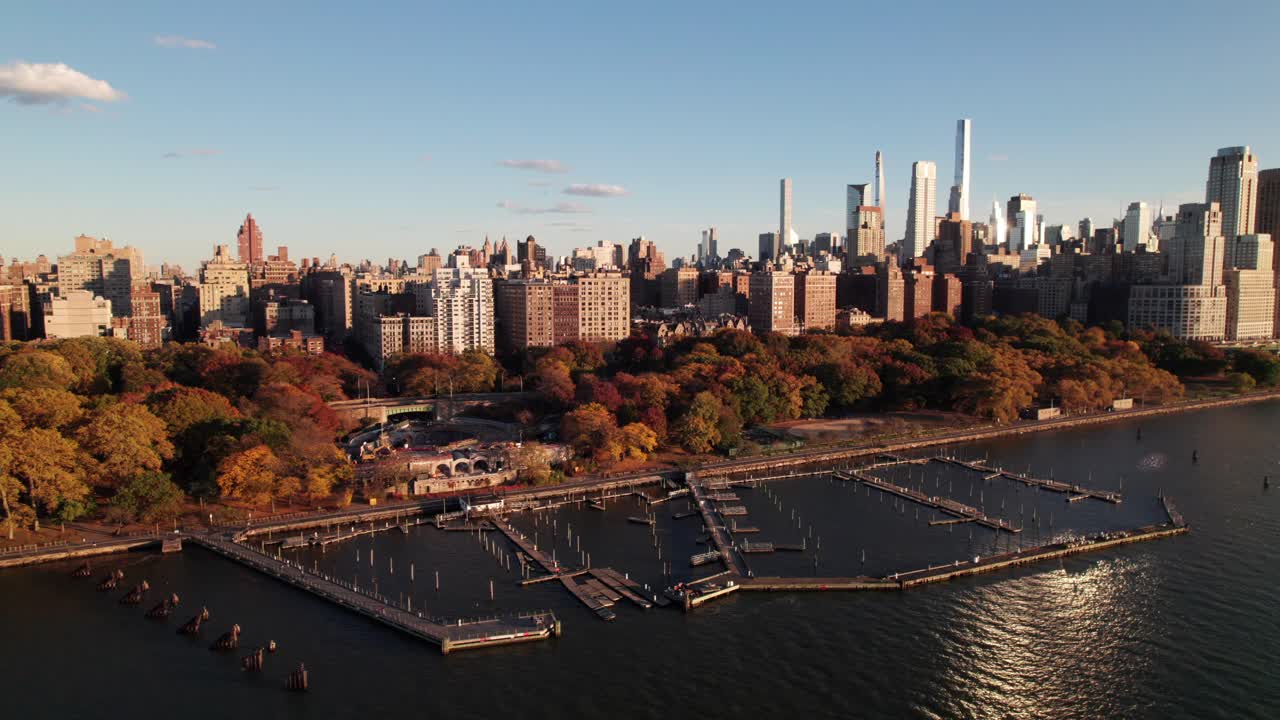 Beautiful aerial of New York's 79th Street Boat Basin, 4K