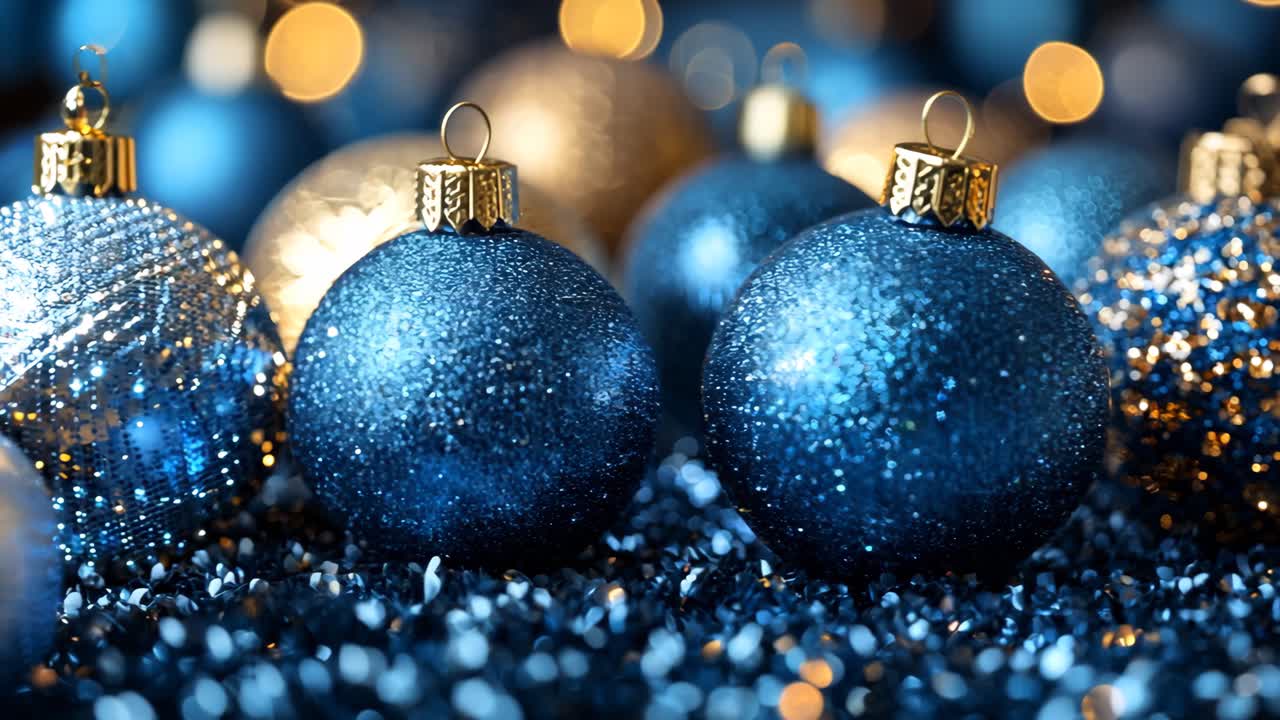 A blue and gold ornament is surrounded by other blue and gold ornaments. The blue and gold ornaments are arranged in a way that creates a festive and joyful atmosphere