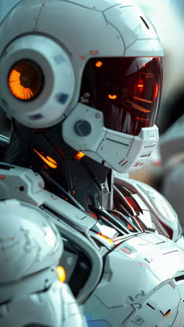 futuristic robots in conference setting with orange accents. advanced robots are seated at a table, equipped with glowing elements, during a technology conference. vertical video