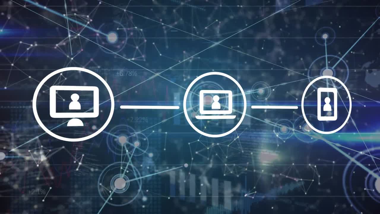 Animation of tech icons and network of connections over navy background