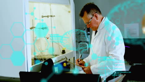 scientist writing notes in lab, scientific data processing animation over scene