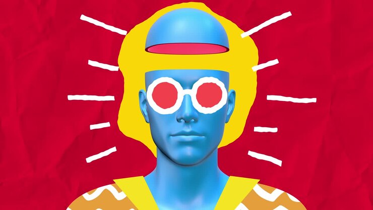 Design psichedelico colorato e grafico minimale. Concetto di arte astratta del corpo umano con forme disegnate a scarabocchio. Personaggio 3D realistico, uomo o donna, in stile stop motion creativo. Animazione a loop di moda in stile cartone animato