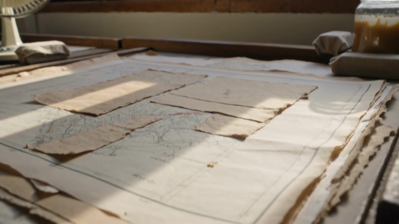 Moving camera drawing closer to deckled paper stack on wood table beneath skylights, revealing bead