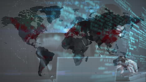 Animation of data processing over hacker with laptop