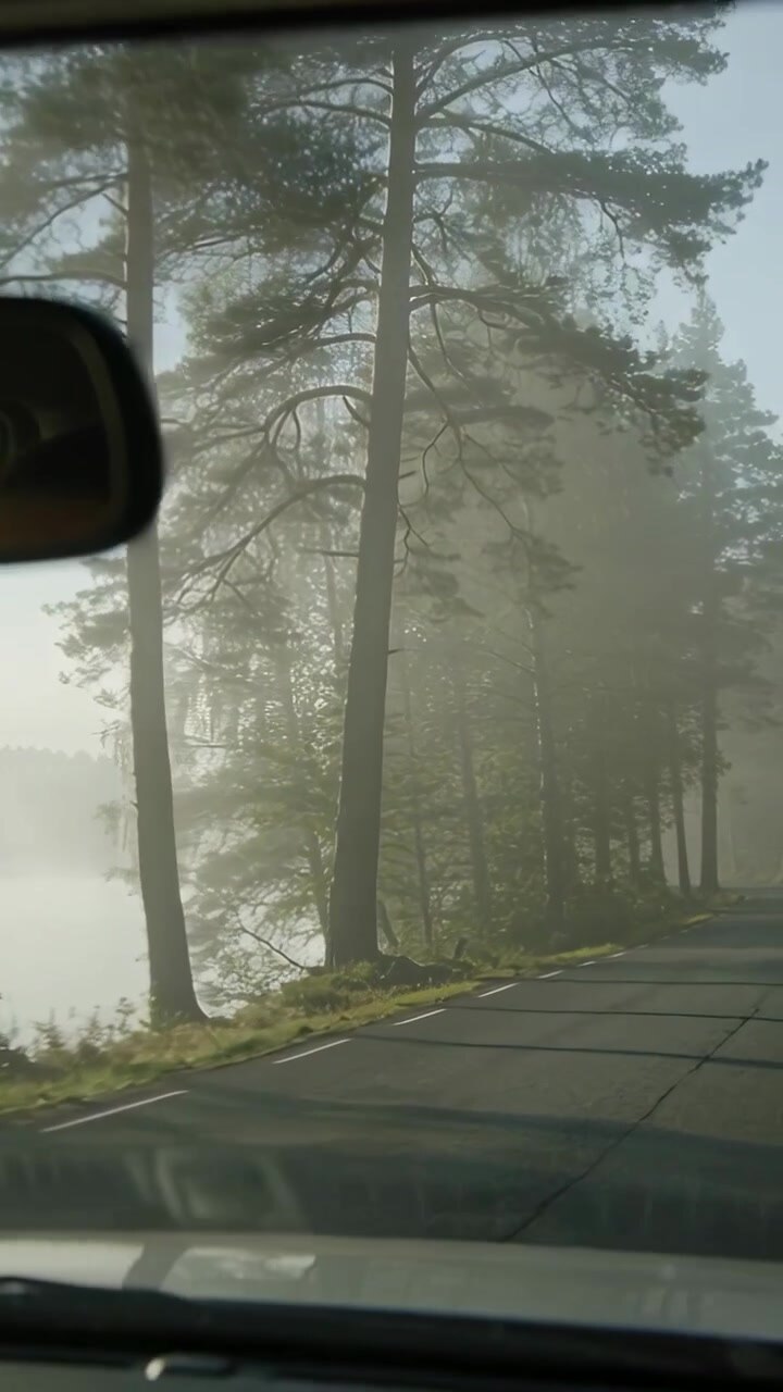 Vertical video: Driving dash cam recording palm tunnel road, glass streaks, heading toward clearing