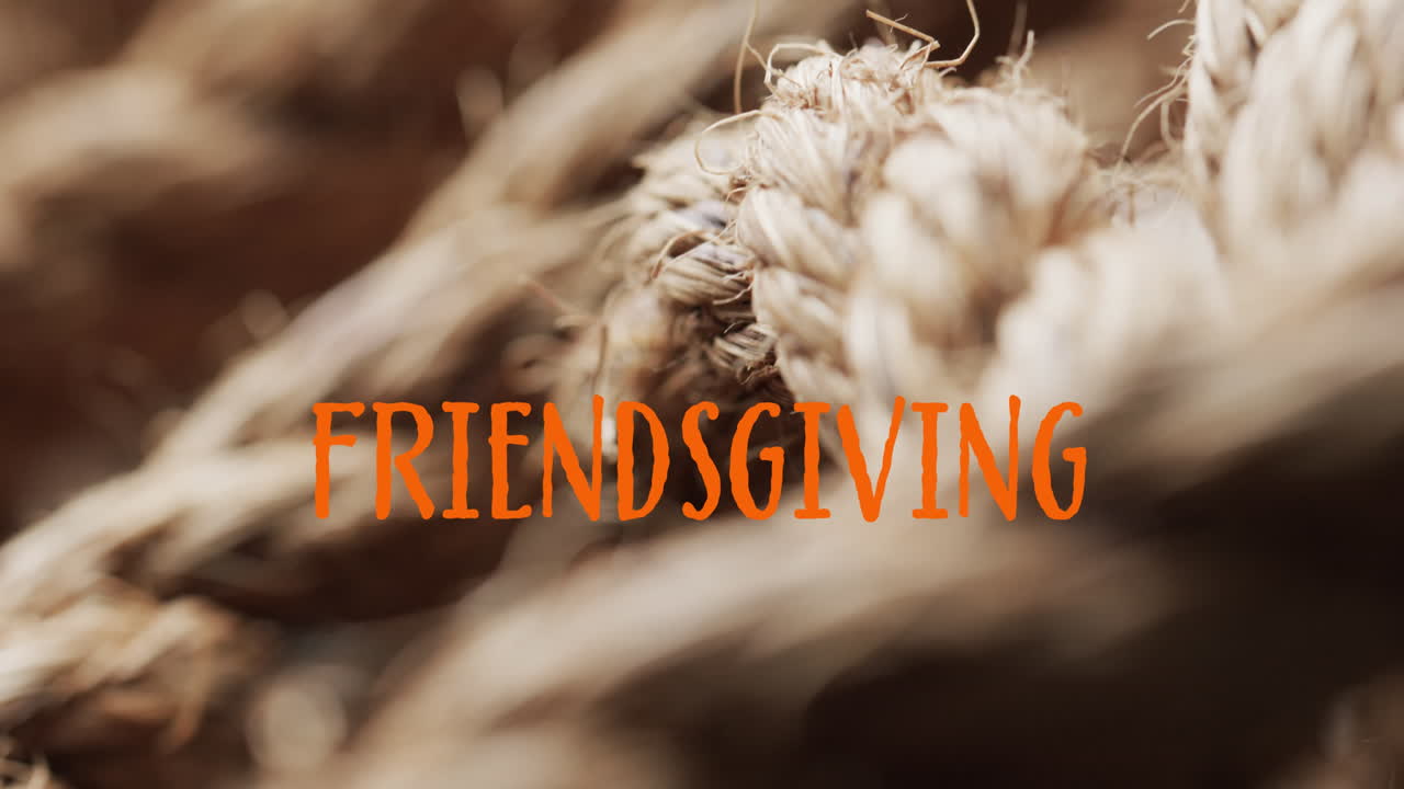 Animation des Textes „Friendsgiving“ über Seilen auf braunem Hintergrund
