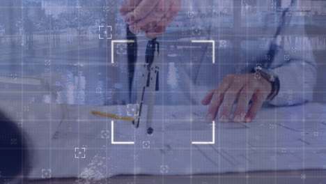 Animation of scope scanning over mid section of male engineer using compass to design a plan