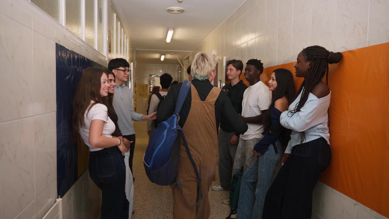 Diverse Group of Students Socializing in School Hallway