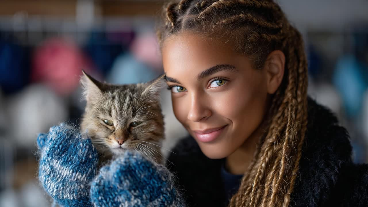 A Joyful Moment: A Young Woman Radiates Happiness While Cuddling a Fluffy Cat, Showcasing Their Heartwarming Bond and Playful Expressions in a Cozy Setting