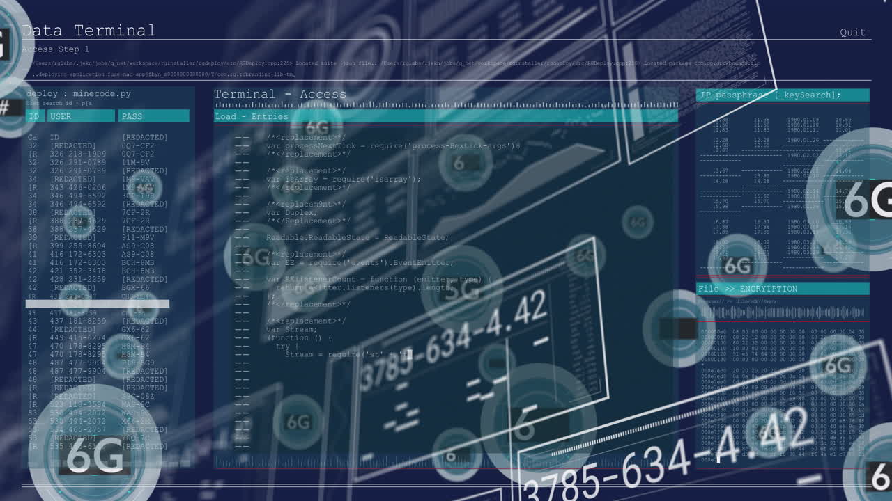 Digital interface with coding and data processing animation over abstract background