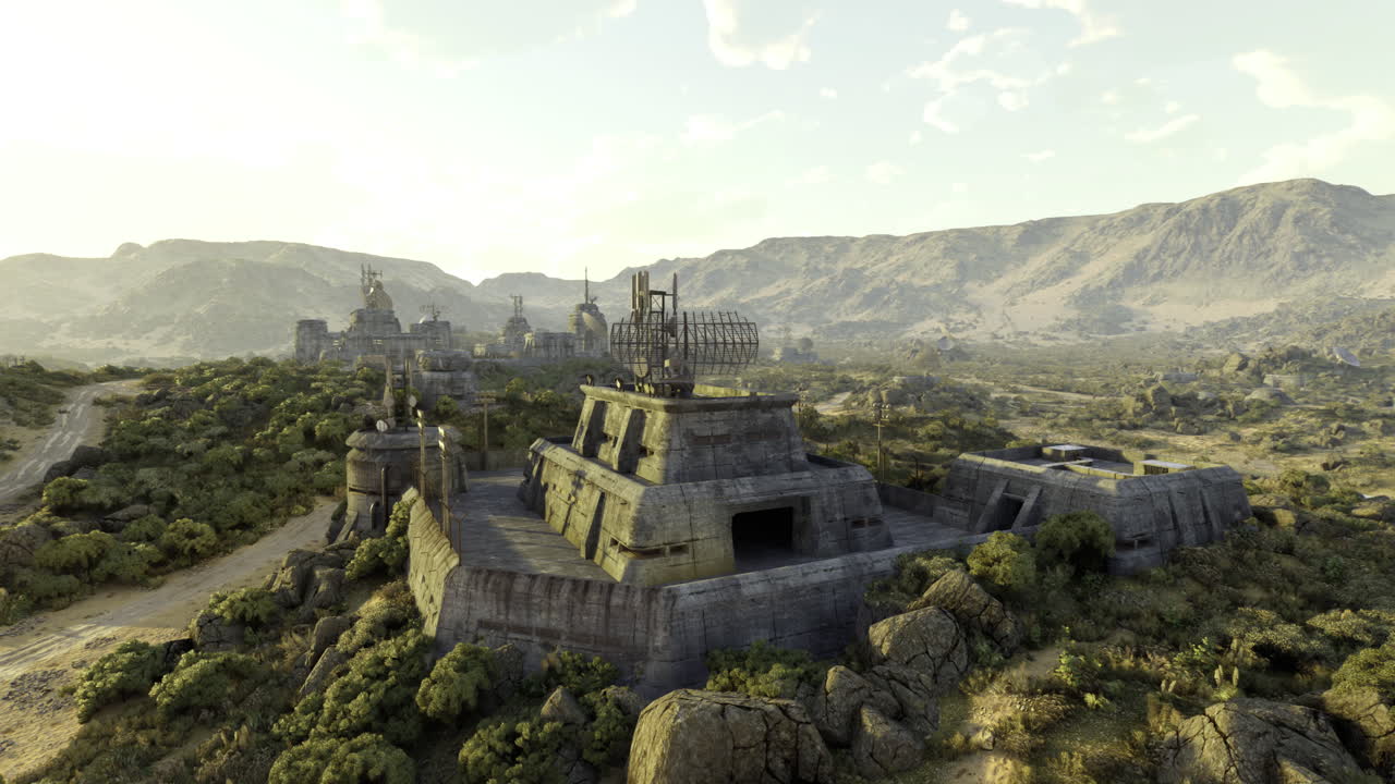 Ancient structure in a desert landscape during golden hour light