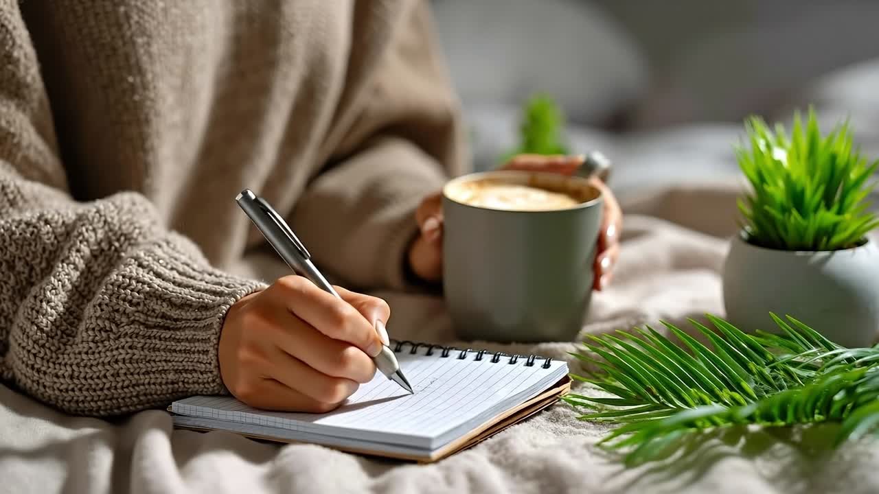 En person som skriver i en notatbok ved siden av en kopp kaffe