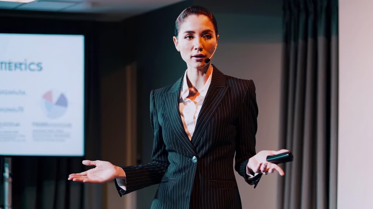 A professional woman in a pinstripe suit speaks confidently in a conference room