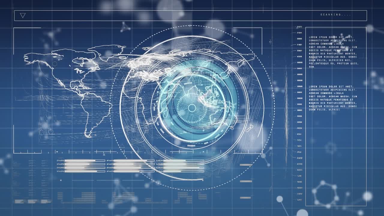 Animation of molecular structures and neon ticking clock against interface with data processing