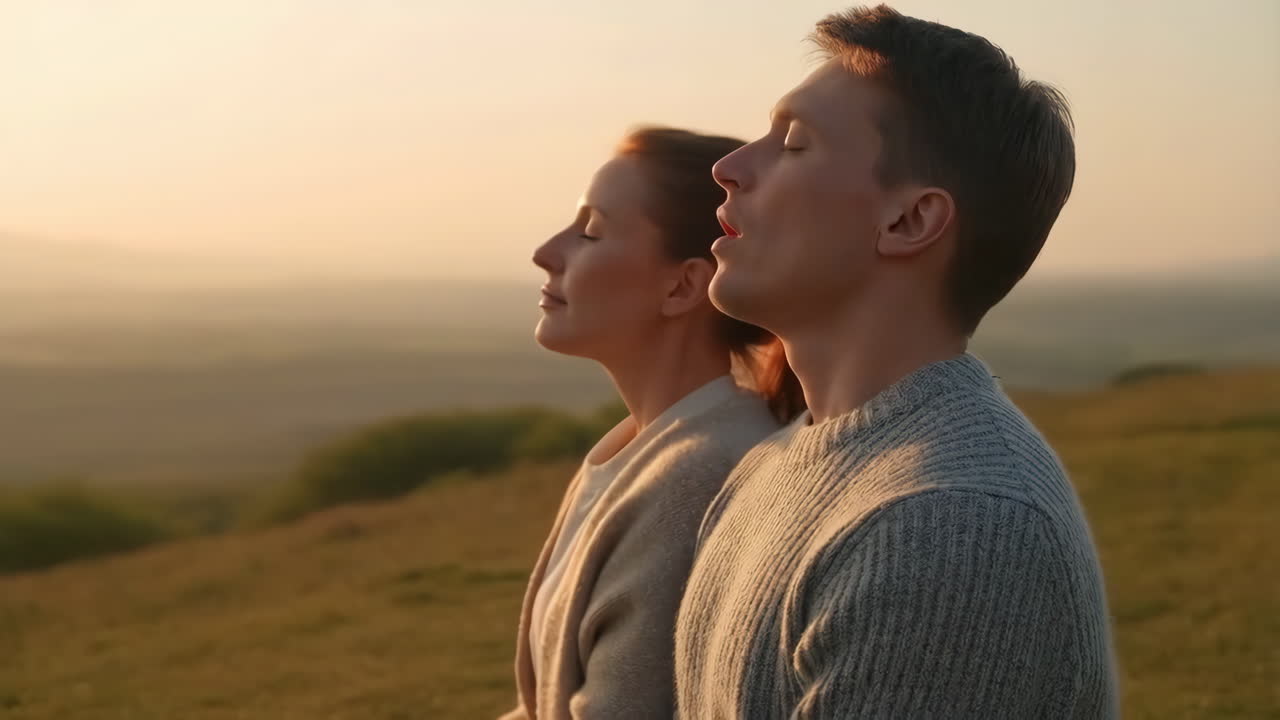 Couple Meditating Outdoors at Sunset
