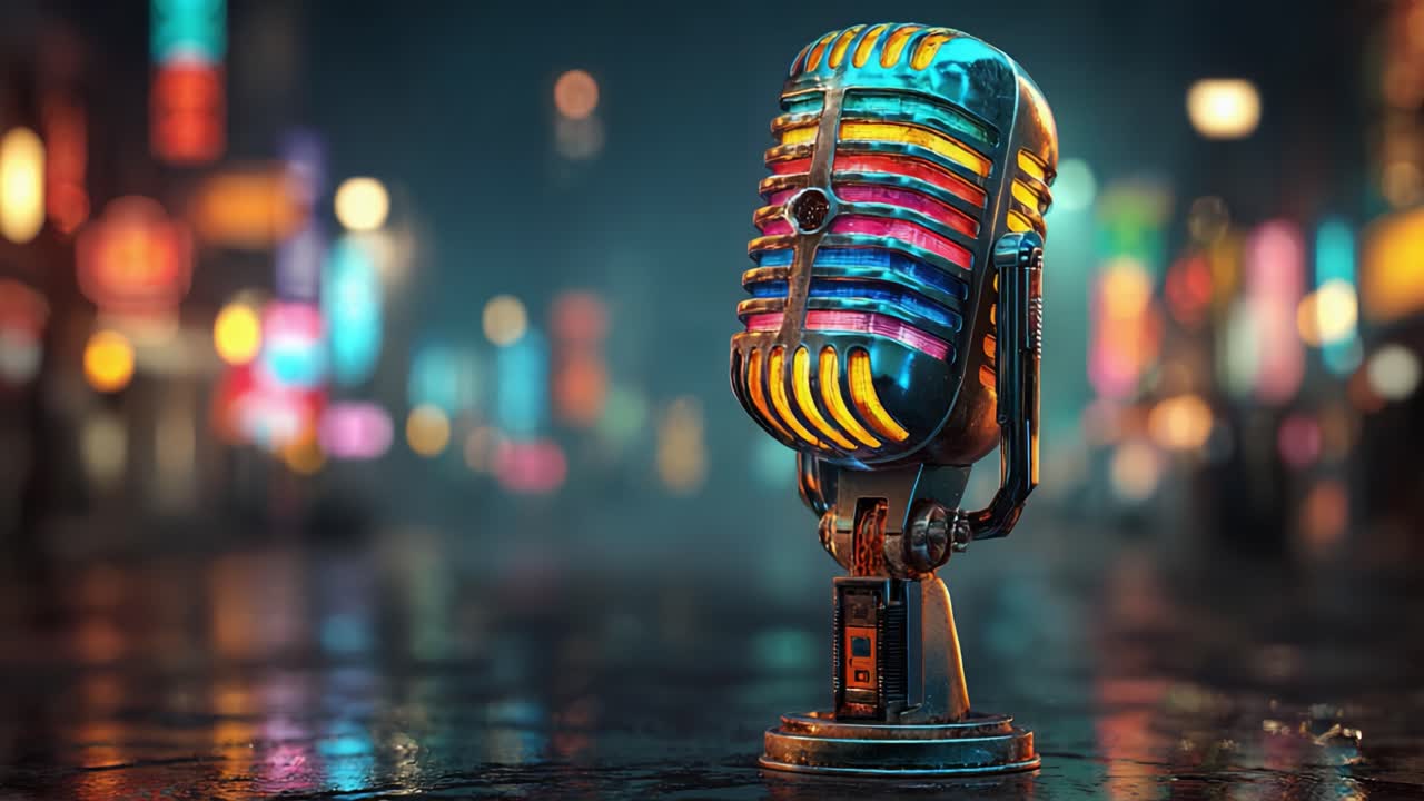 A Glowing Vintage Microphone Shines in a Colorful Urban Environment, Capturing the Vibrant Essence of Music and Performance During a Nighttime Scene