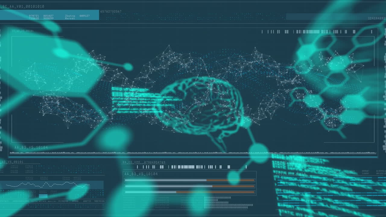Animation of science data processing over dark background
