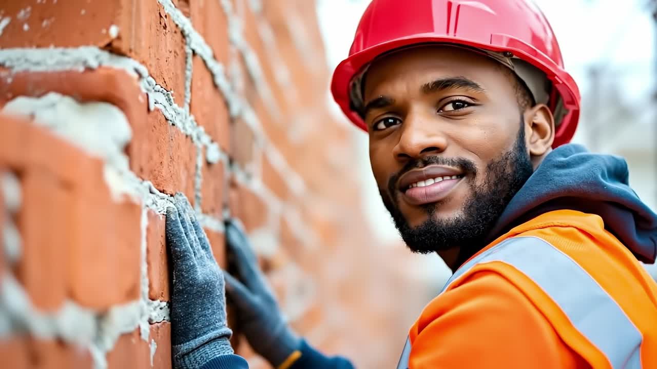 A man wearing a red hard hat and safety vest leaning against a brick wall