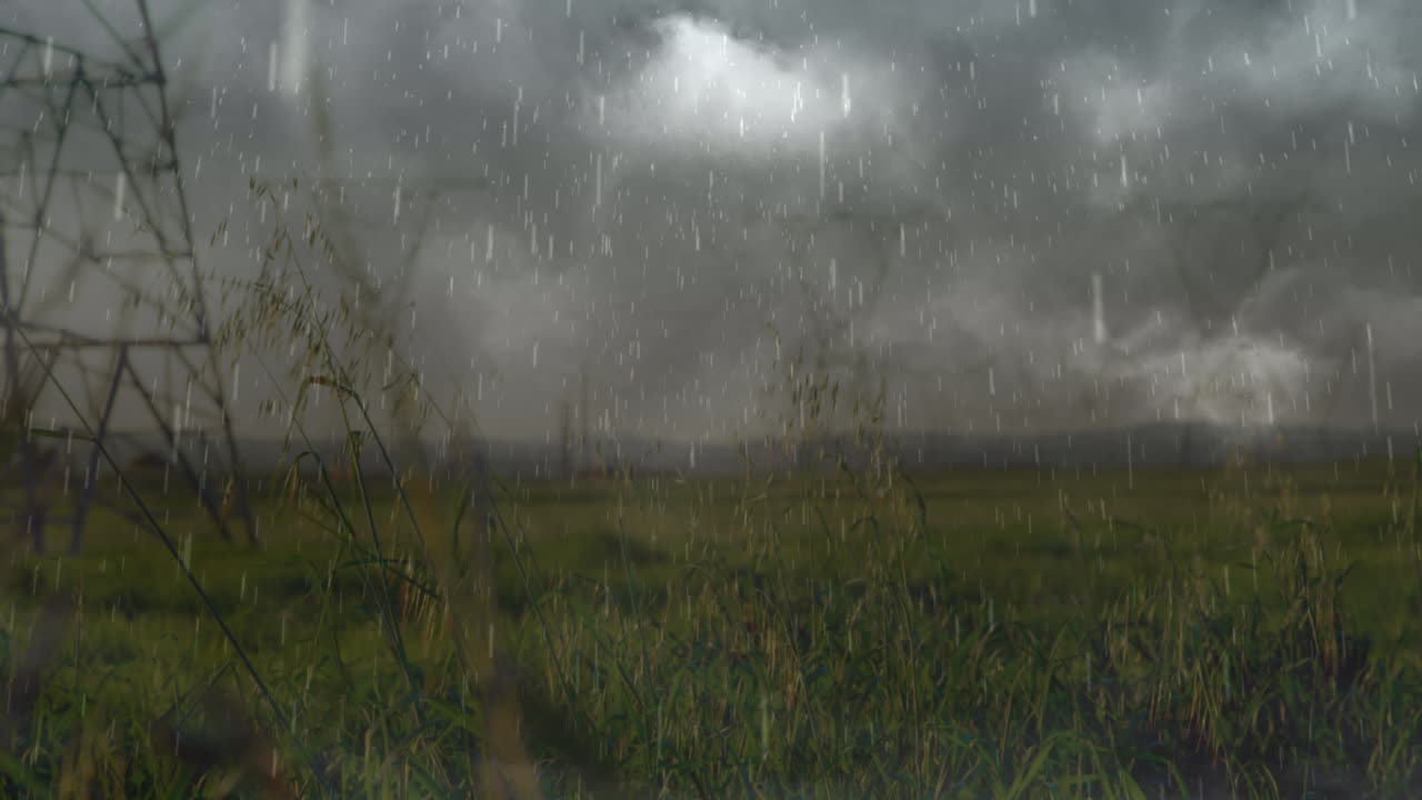 animación de lluvia fuerte, tormenta con rayos y nubes grises sobre torres eléctricas