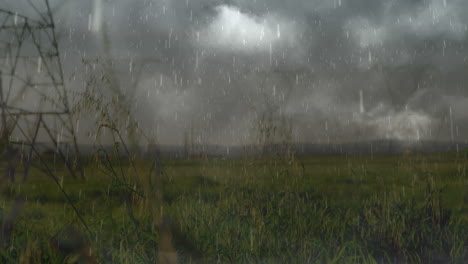 animatie van zware regen, storm met bliksem en grijze wolken over elektrische pylonen