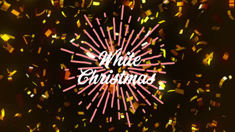 animation of white christmas text over confetti on black background