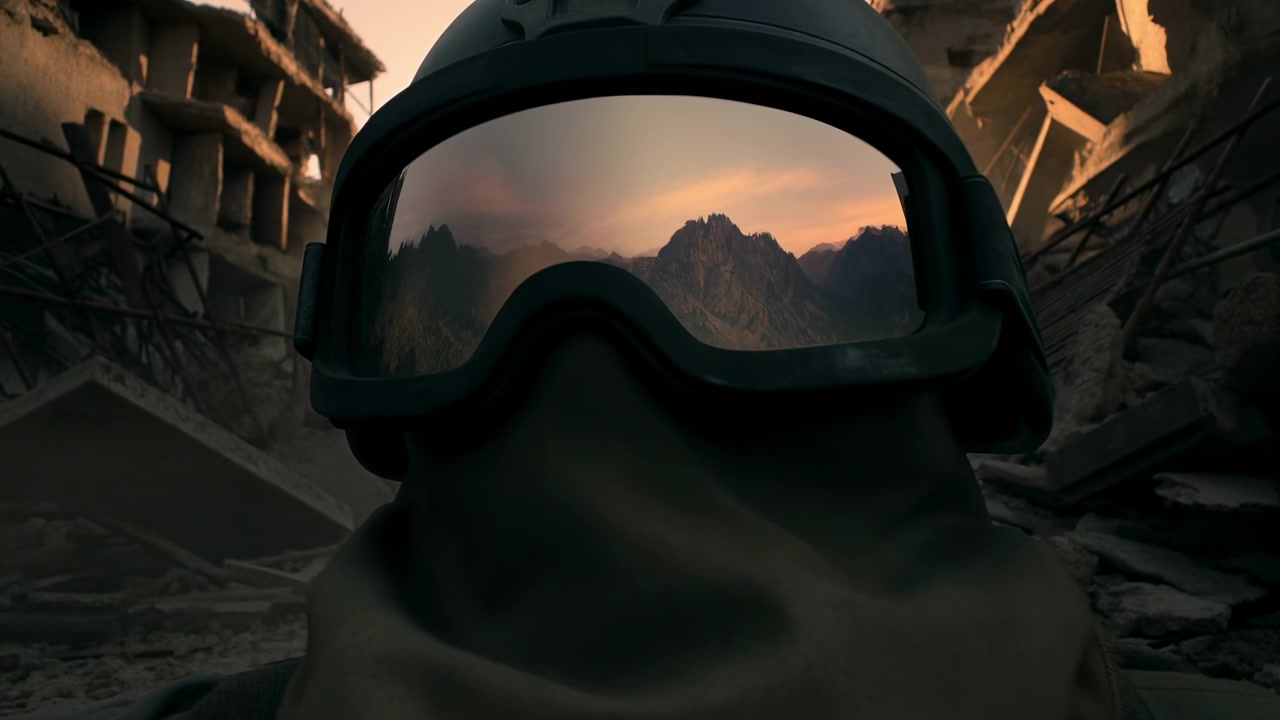 Low-angle close-up of anonymous person in dark helmet, cloth face covering, and sealed goggles in foreground of collapsed ruins, with reflective lenses showing jagged mountains and warm sunset light