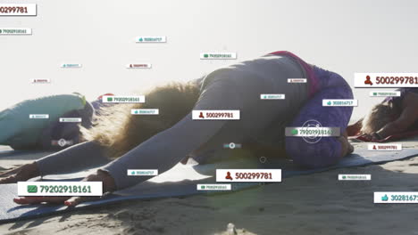 animation of social media notifications, over women doing yoga on beach