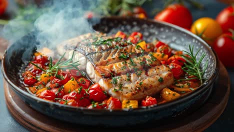 grilled fish with tomatoes and herbs in a pan