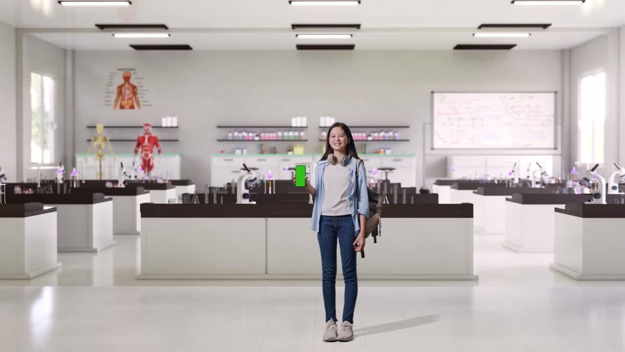 녹색 화면 전화로 과학 교실에 있는 학생