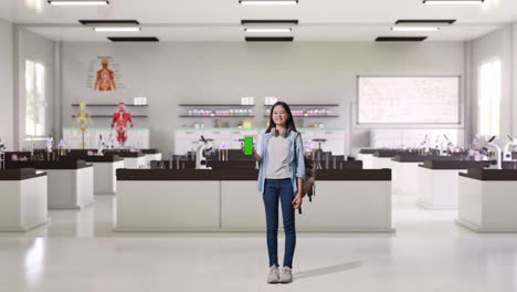 estudiante en una clase de ciencias con un teléfono de pantalla verde