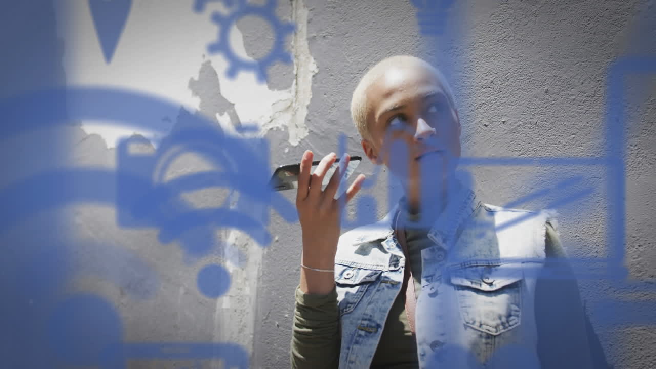Animation of social media icons over biracial woman using smartphone