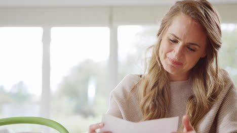 smiling woman sitting at table at home reviewing domestic finances opening letter with good news