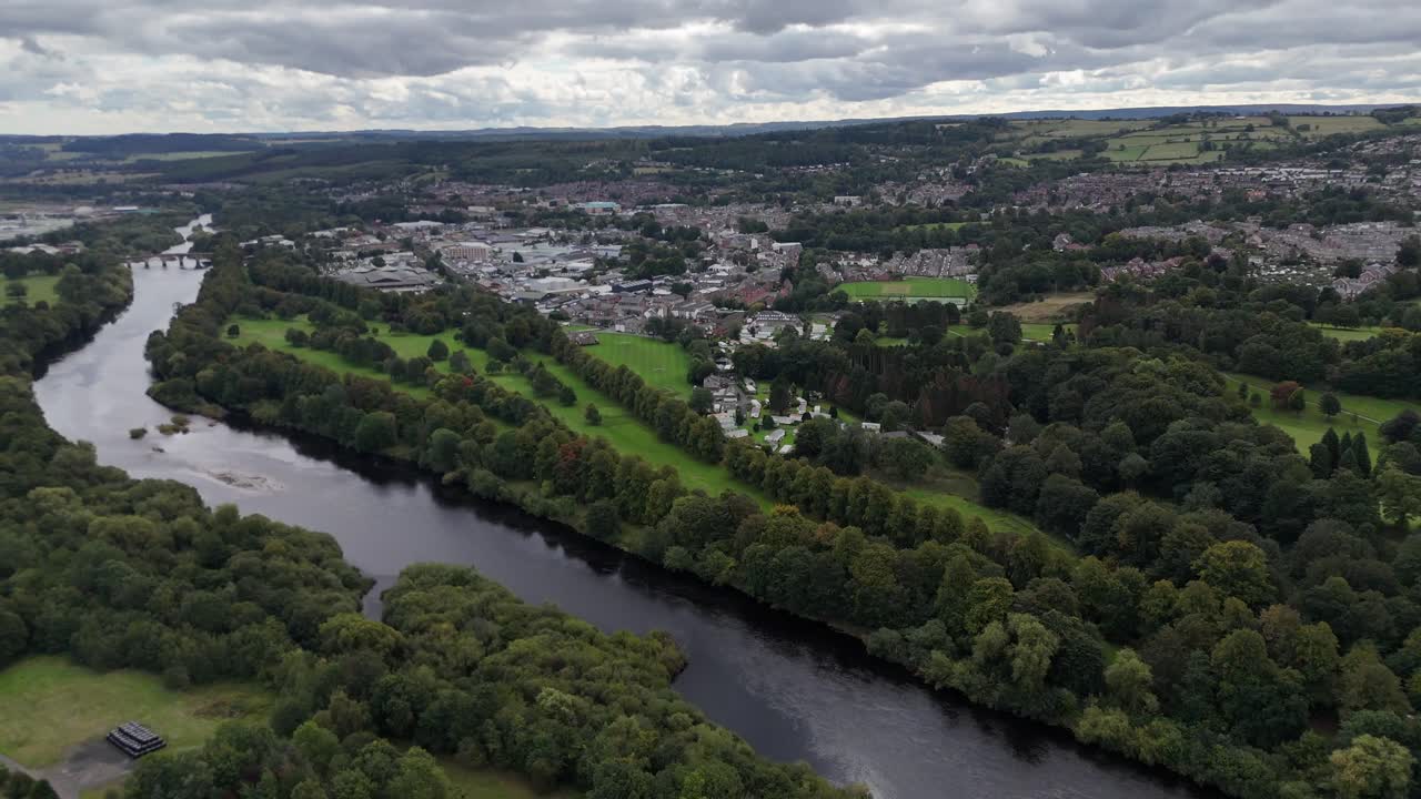 Aerial drone view bridge Hexham north east england northumberland market town city british uk Tynedale river tyne countryside