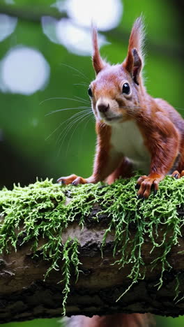a red squirrel perched on a mossy tree branch