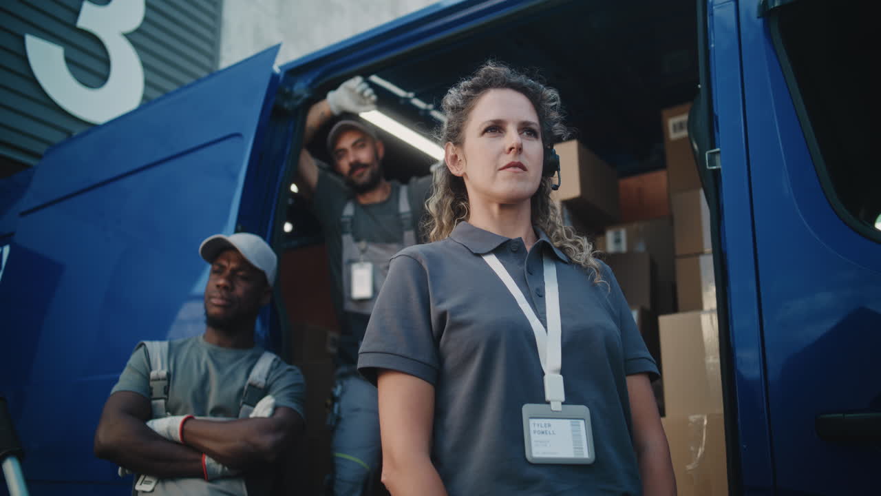 Delivery Team Standing by Blue Van with Parcels