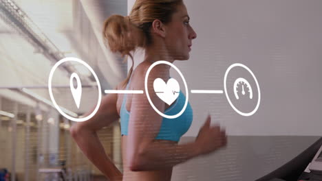 network of digital icons against woman running on treadmill