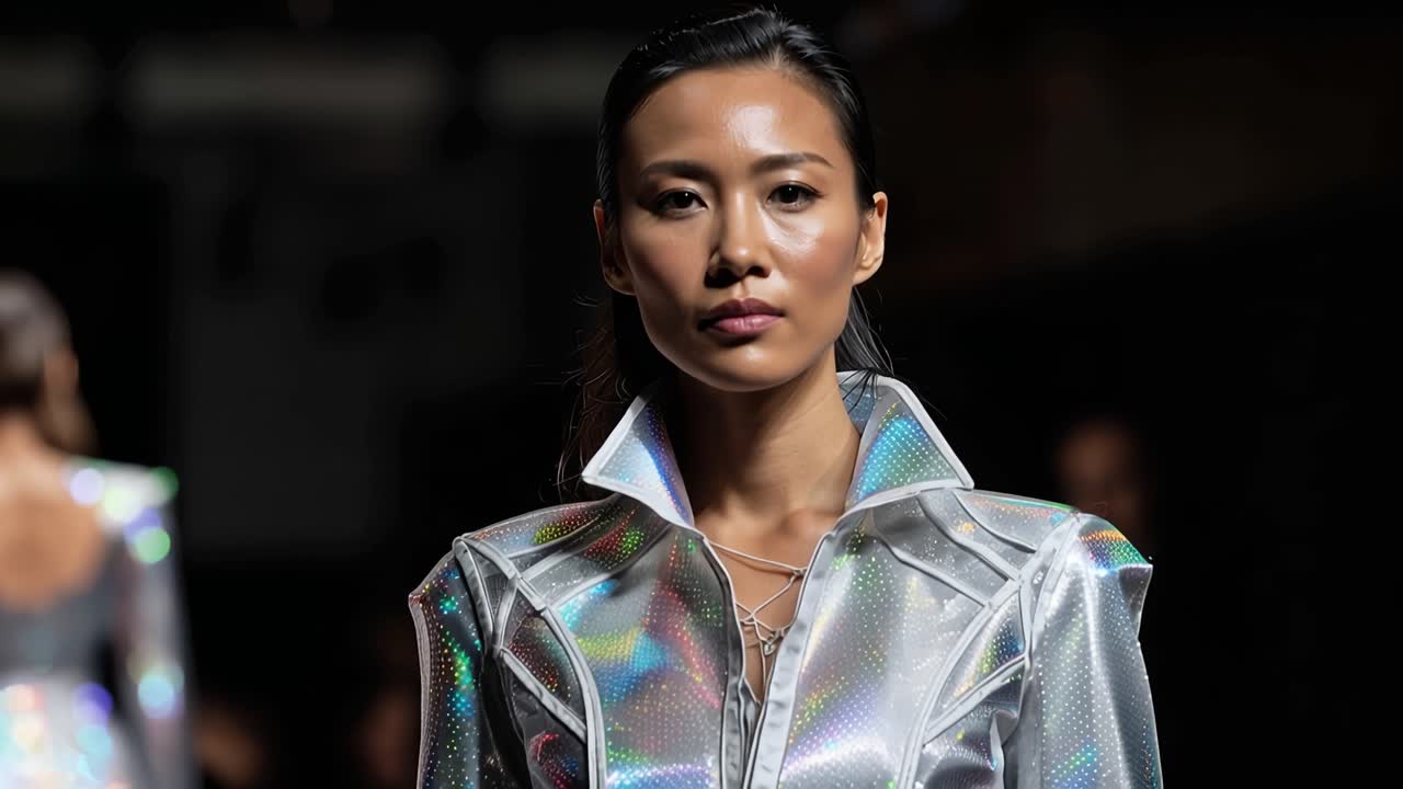 Model gazes softly, draped in shimmering metallic coat. Light reflects off fabric, creating iridescent glow. Dark background emphasizes her poised, confident presence. Perfect for fashion, avant-garde