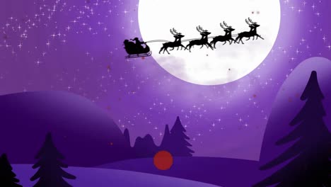 Animation-of-santa-claus-in-sleigh-with-reindeer-over-snow-falling-and-moon-on-purple-background