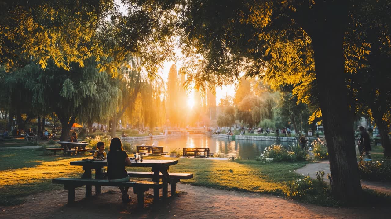Friedlicher Abend im Park: Die Ruhe der Natur einfangen, während die Sonne über dem See untergeht und die umliegenden Bäume und Wege beleuchtet
