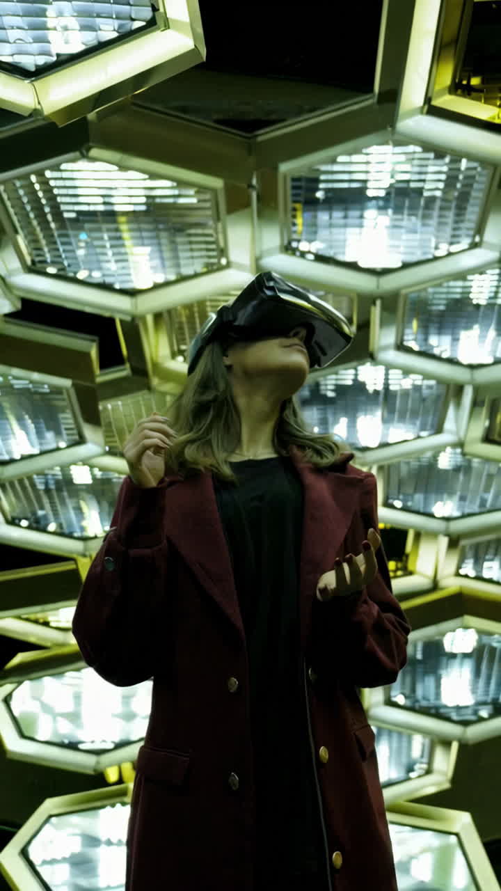 Woman Experiencing Virtual Reality in a Modern Architectural Setting