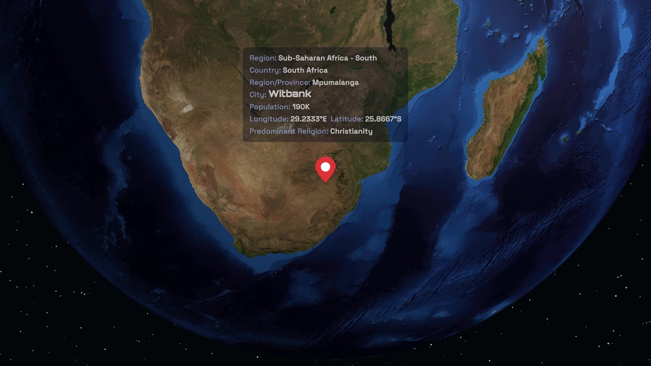 A digital globe rotates and zooms into Witbank, South Africa, displaying regional demographic information