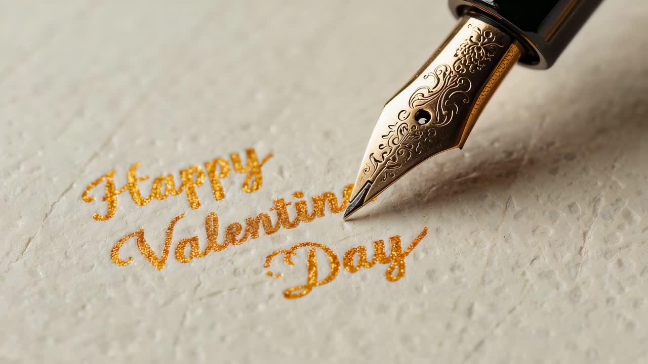 Racking focus ornate fountain nib sliding to end of Happy Valentine Day on paper, framing shimmer
