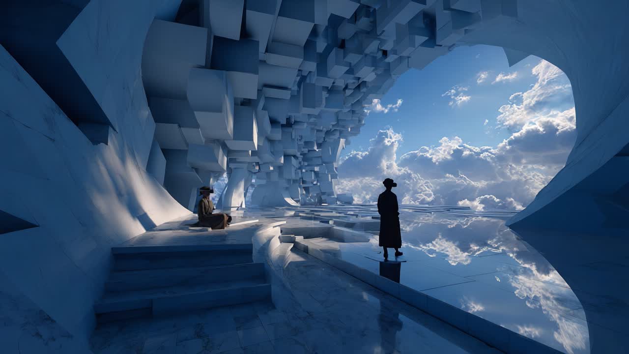 An ethereal blue landscape featuring two figures in a surreal, geometric environment, surrounded by floating clouds and reflective surfaces that create a sense of calm and introspection