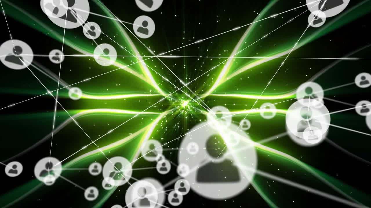 Central nexus pulsing, emitting neon green ribbons and spawning avatar discs forming dense network