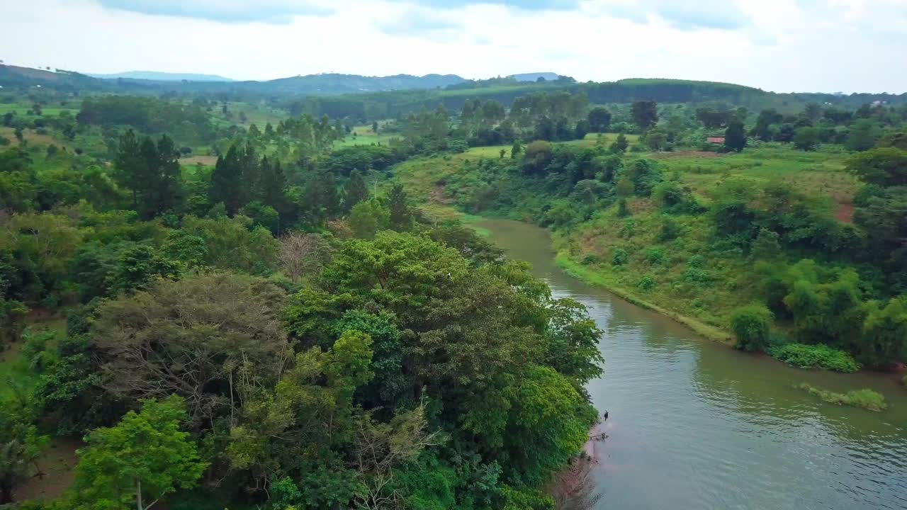 Aerial view of the River Nile winding through a verdant landscape in Uganda, showcasing an eagle on a tree and the rich biodiversity and natural beauty of the region under a cloudy sky