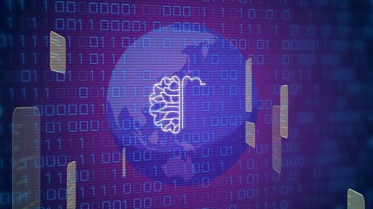 Animation of ai data processing and icons over globe and binary coding